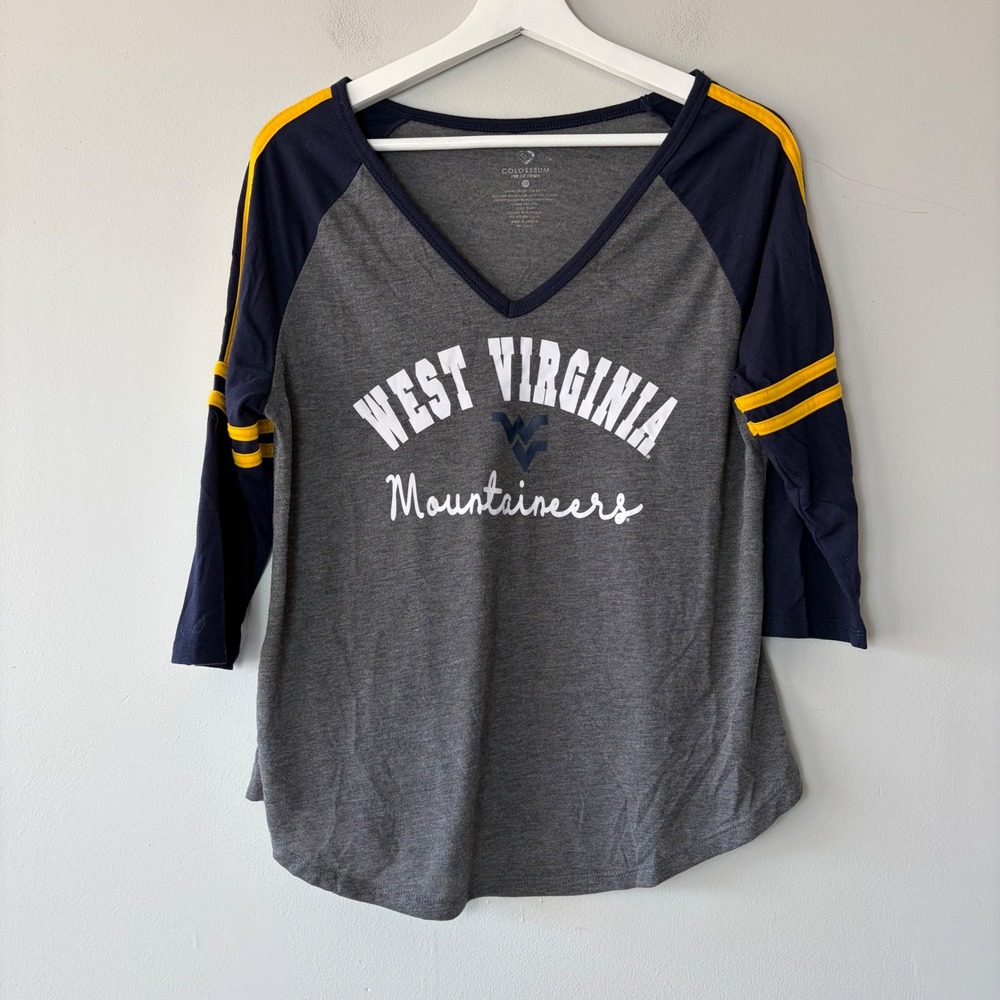 Colosseum West Virginia Mountaineers WVU Raglan Shirt Gray Navy Yellow Medium